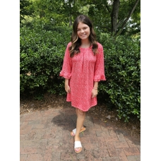Erma's Closet Red and White Print Dress with Ruffle Sleeve